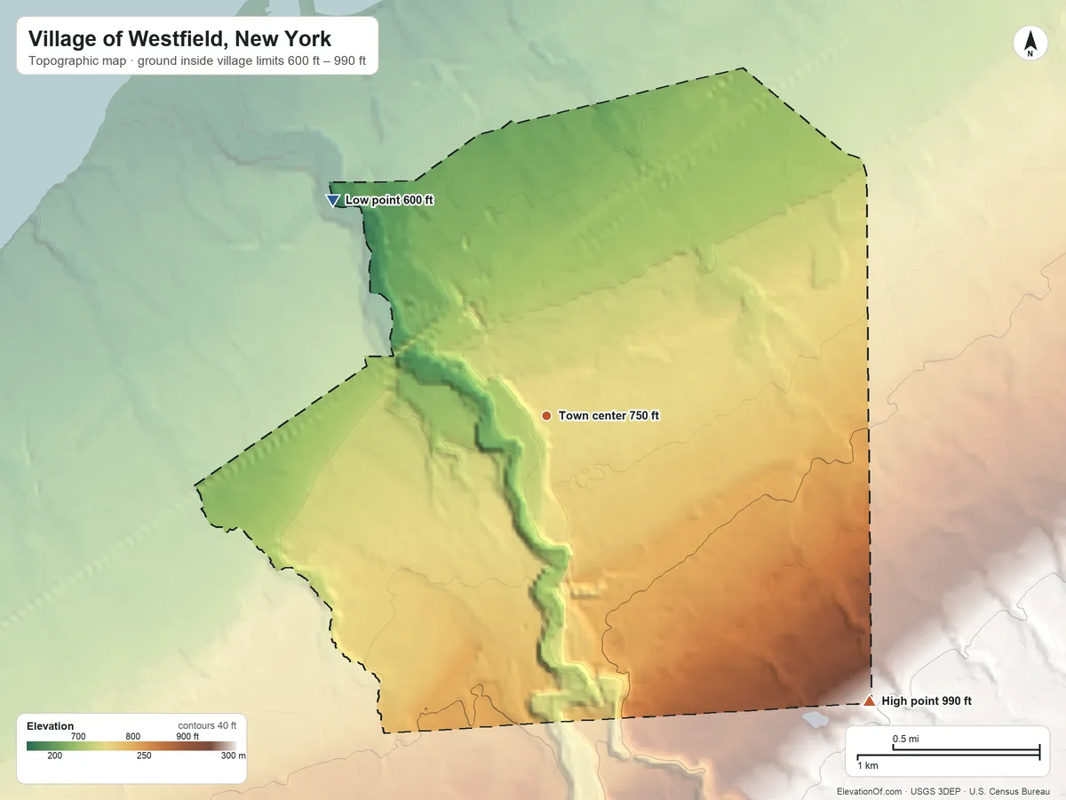 Topographic elevation map of Village of Westfield, New York, shaded from 600 ft on the northwest side to 990 ft on the southeast edge, below higher ground just outside