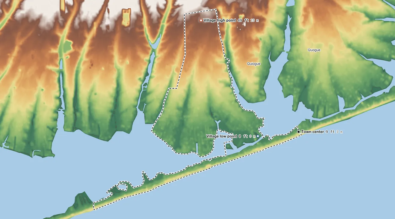 Topographic elevation map of Westhampton Beach, New York, shaded from sea level level on Quantuck Bay to 49 ft on the northwest side