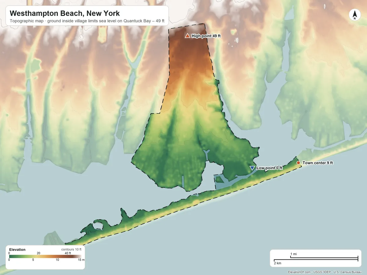 Topographic elevation map of Westhampton Beach, New York, shaded from sea level level on Quantuck Bay to 49 ft on the northwest side