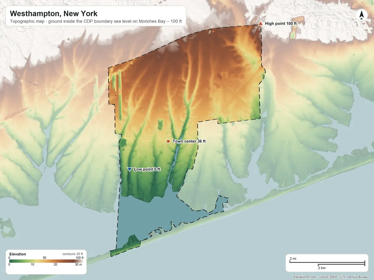 Topographic elevation map of Westhampton, New York, shaded from sea level level on Moriches Bay to 100 ft on the northeast side