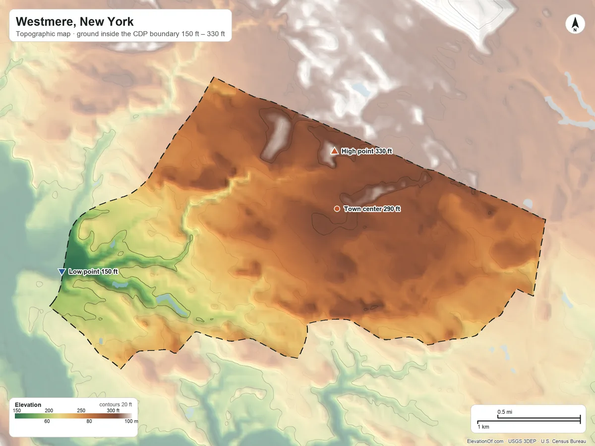 Topographic elevation map of Westmere, New York, shaded from 150 ft on the west side to 330 ft on the north side
