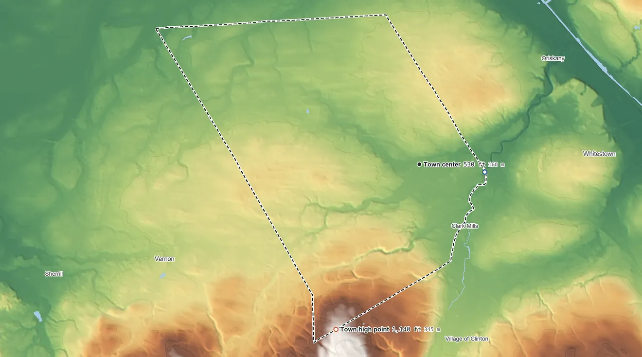Topographic elevation map of Westmoreland, New York, shaded from 410 ft on the east side to 1,140 ft on the southwest side