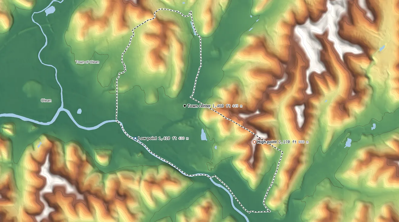 Topographic elevation map of Weston Mills, New York, shaded from 1,410 ft on the southwest side to 2,170 ft on the southeast side