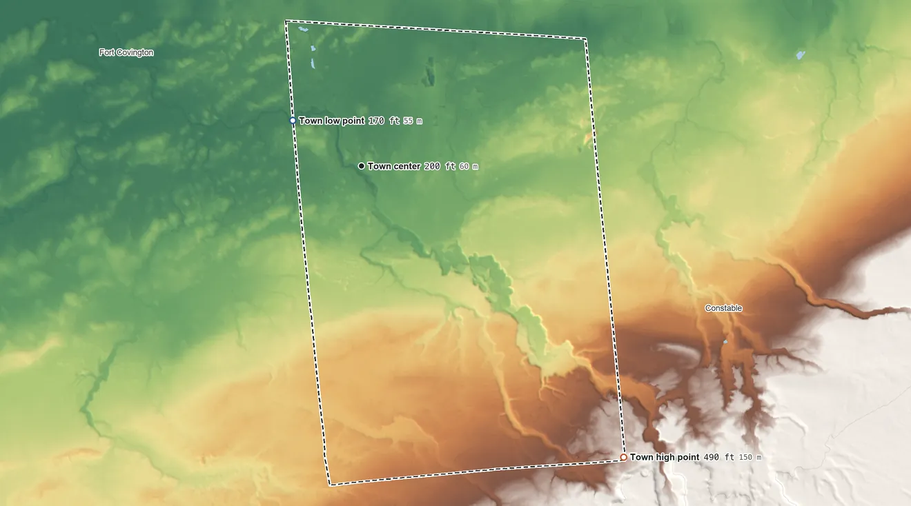 Topographic elevation map of Westville, New York, shaded from 170 ft on the northwest side to 490 ft on the southeast side
