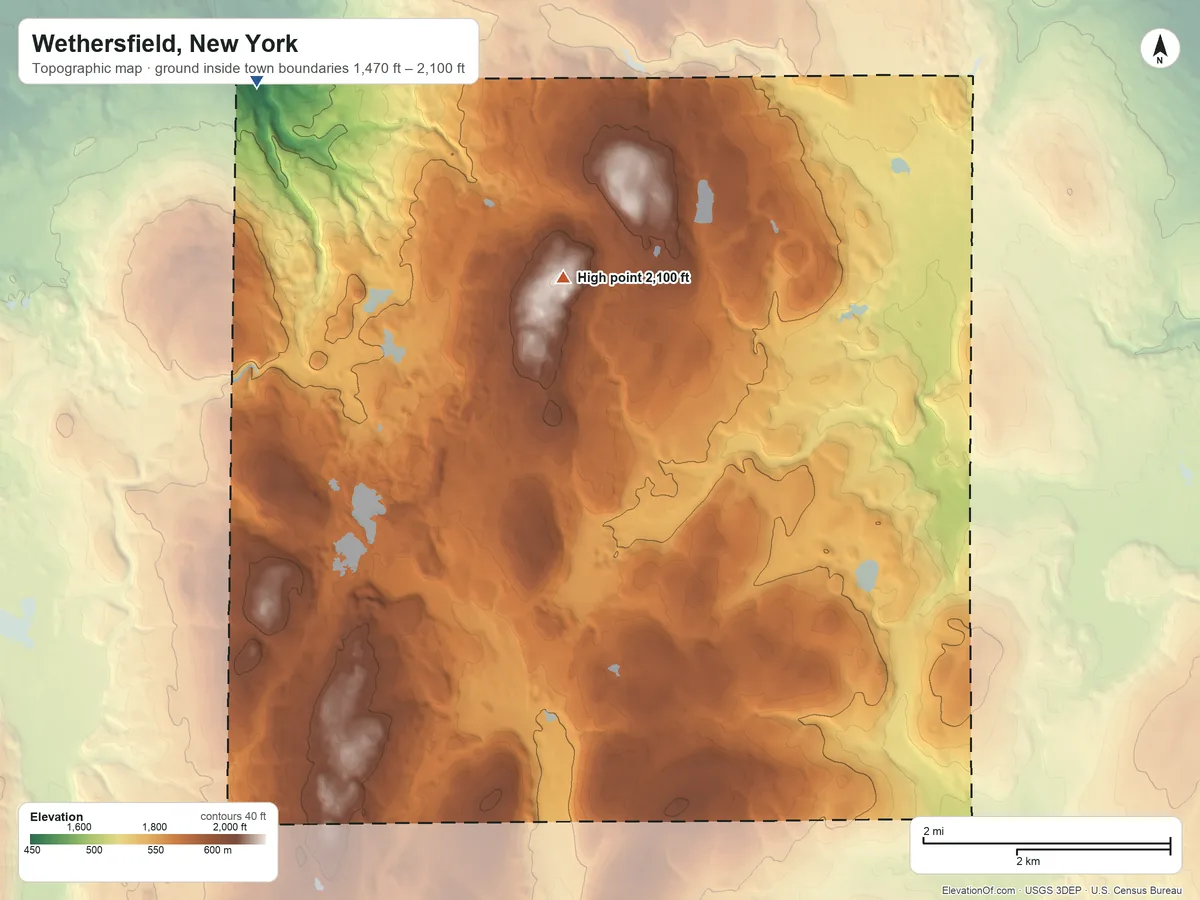 Topographic elevation map of Wethersfield, New York, shaded from 1,470 ft on the northwest side to 2,100 ft on the northwest side