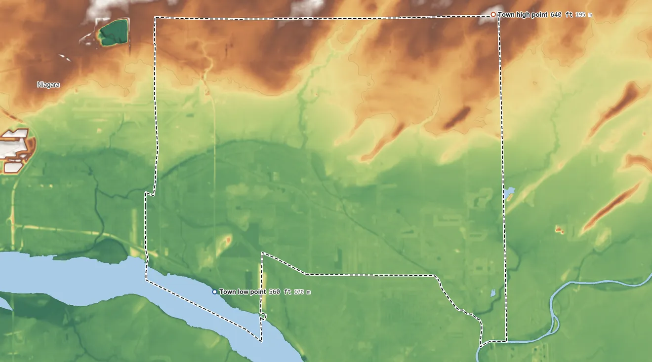 Topographic elevation map of Wheatfield, New York, shaded from 560 ft on the southwest side to 640 ft on the northeast side