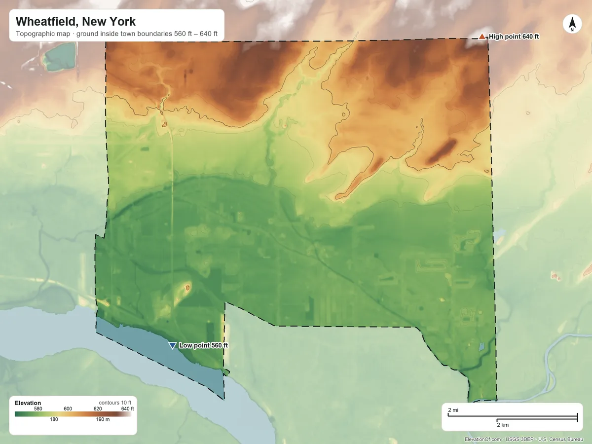 Topographic elevation map of Wheatfield, New York, shaded from 560 ft on the southwest side to 640 ft on the northeast side