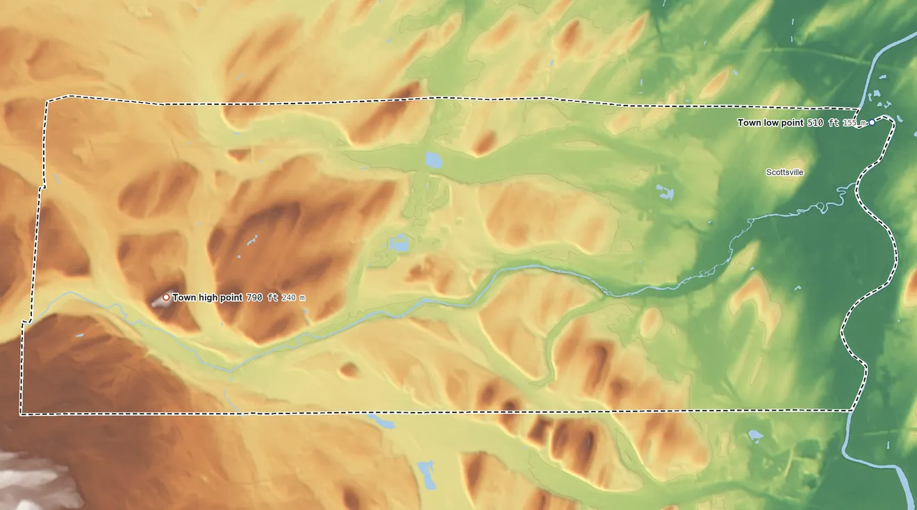 Topographic elevation map of Wheatland, New York, shaded from 510 ft on the east side to 790 ft on the west side
