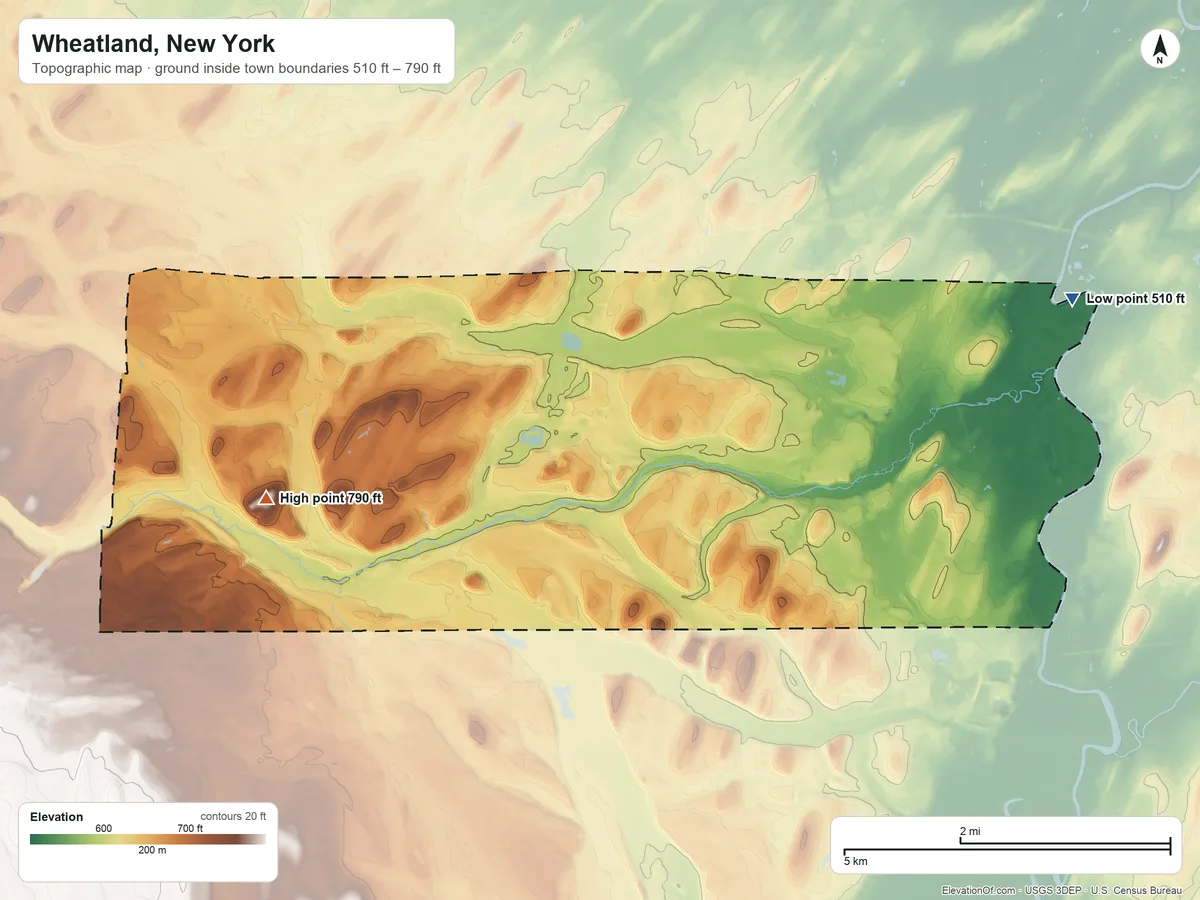 Topographic elevation map of Wheatland, New York, shaded from 510 ft on the east side to 790 ft on the west side