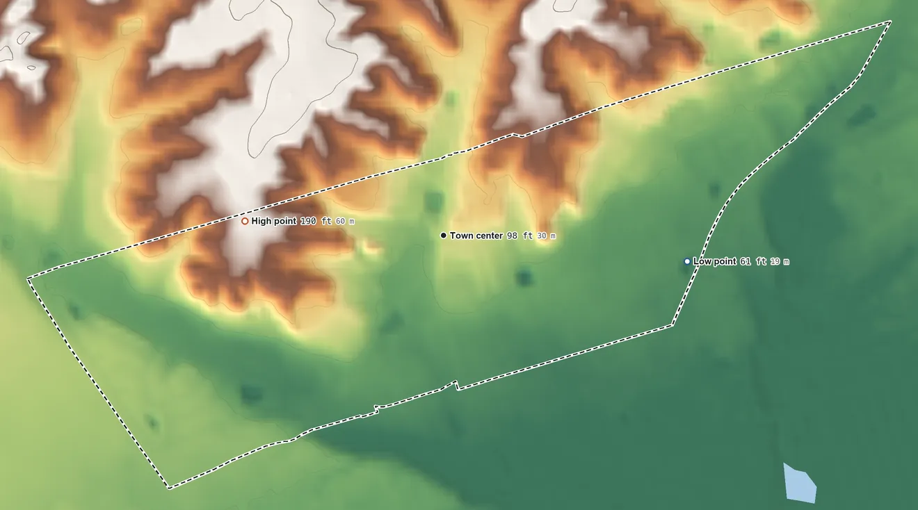 Topographic elevation map of Wheatley Heights, New York, shaded from 61 ft on the east side to 190 ft on the west side