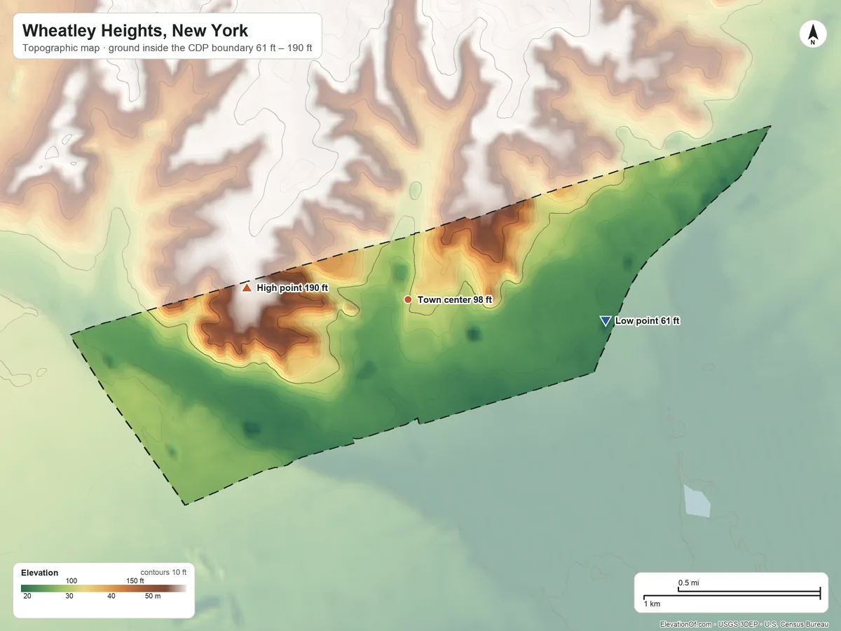 Topographic elevation map of Wheatley Heights, New York, shaded from 61 ft on the east side to 190 ft on the west side