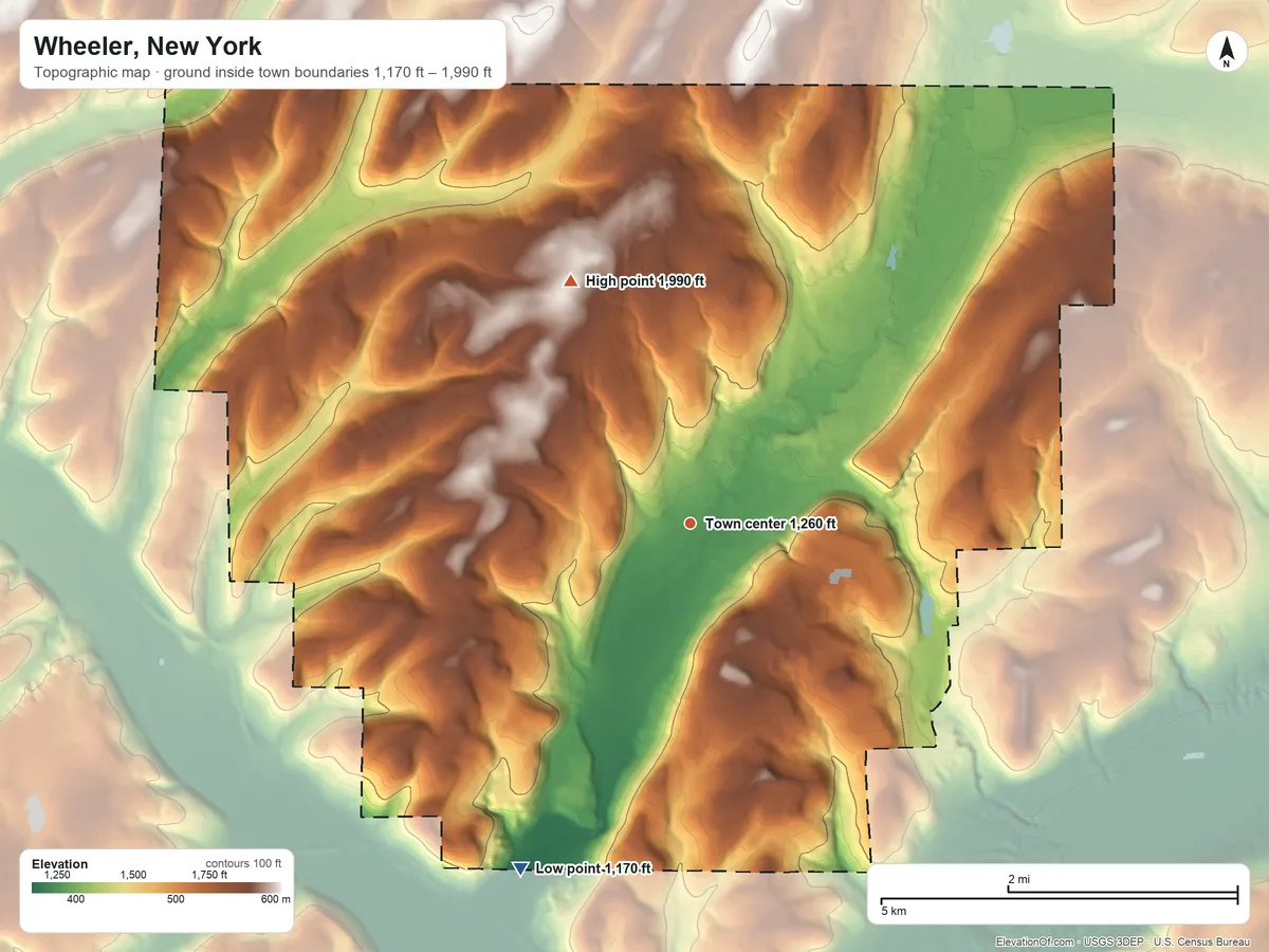 Topographic elevation map of Wheeler, New York, shaded from 1,170 ft on the southwest side to 1,990 ft on the northwest side