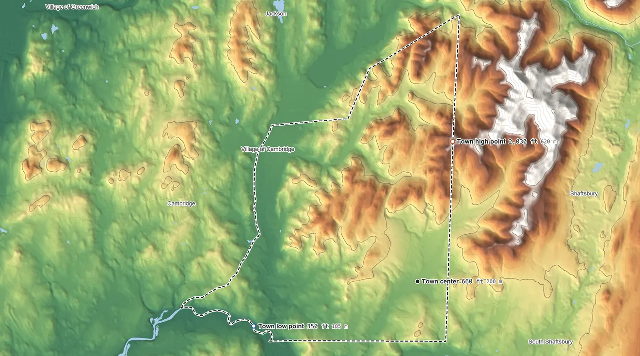 Topographic elevation map of White Creek, New York, shaded from 350 ft on the west side to 2,030 ft on the north edge, below higher ground just outside
