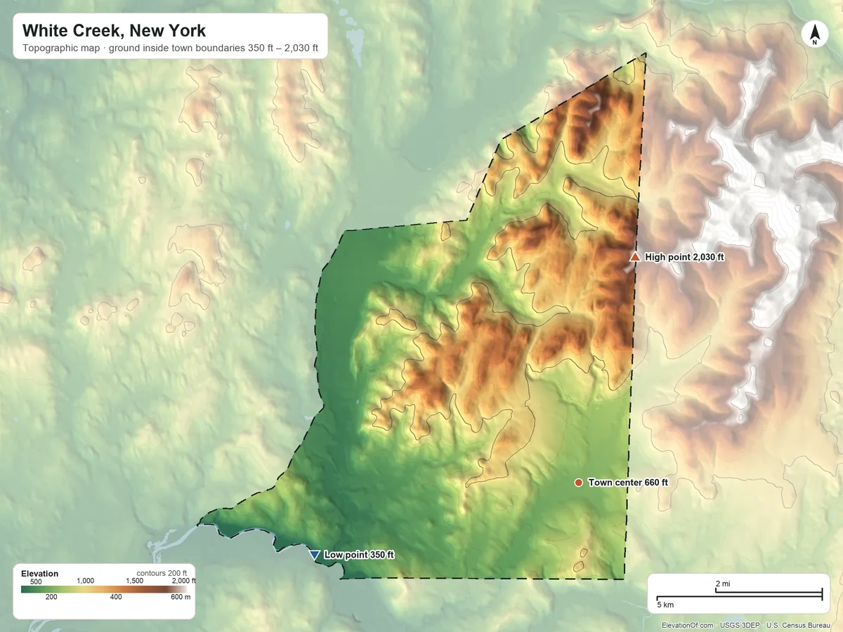 Topographic elevation map of White Creek, New York, shaded from 350 ft on the west side to 2,030 ft on the north edge, below higher ground just outside