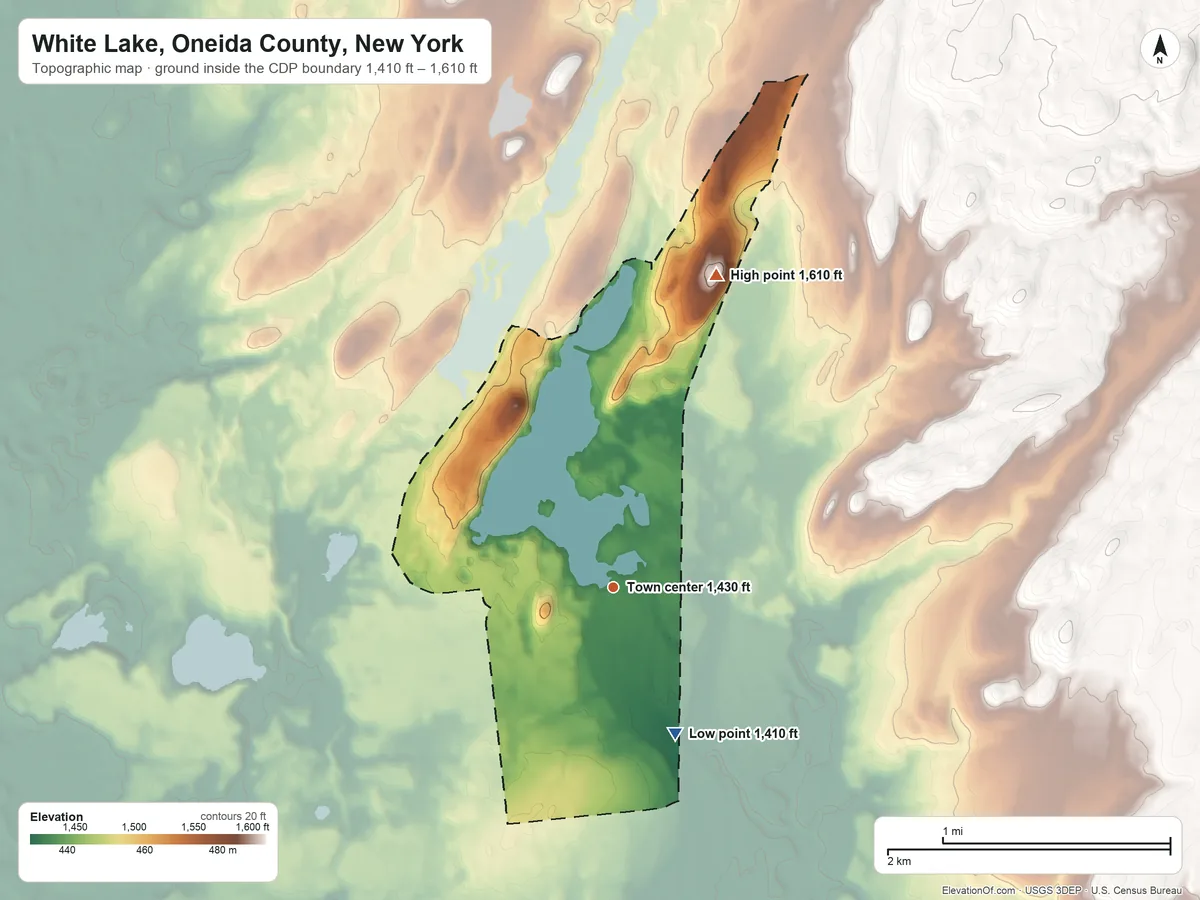 Topographic elevation map of White Lake, Oneida County, New York, shaded from 1,410 ft on the southeast side to 1,610 ft on the north side