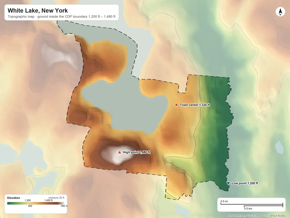 Topographic elevation map of White Lake, New York, shaded from 1,200 ft on the southeast side to 1,480 ft on the southwest side