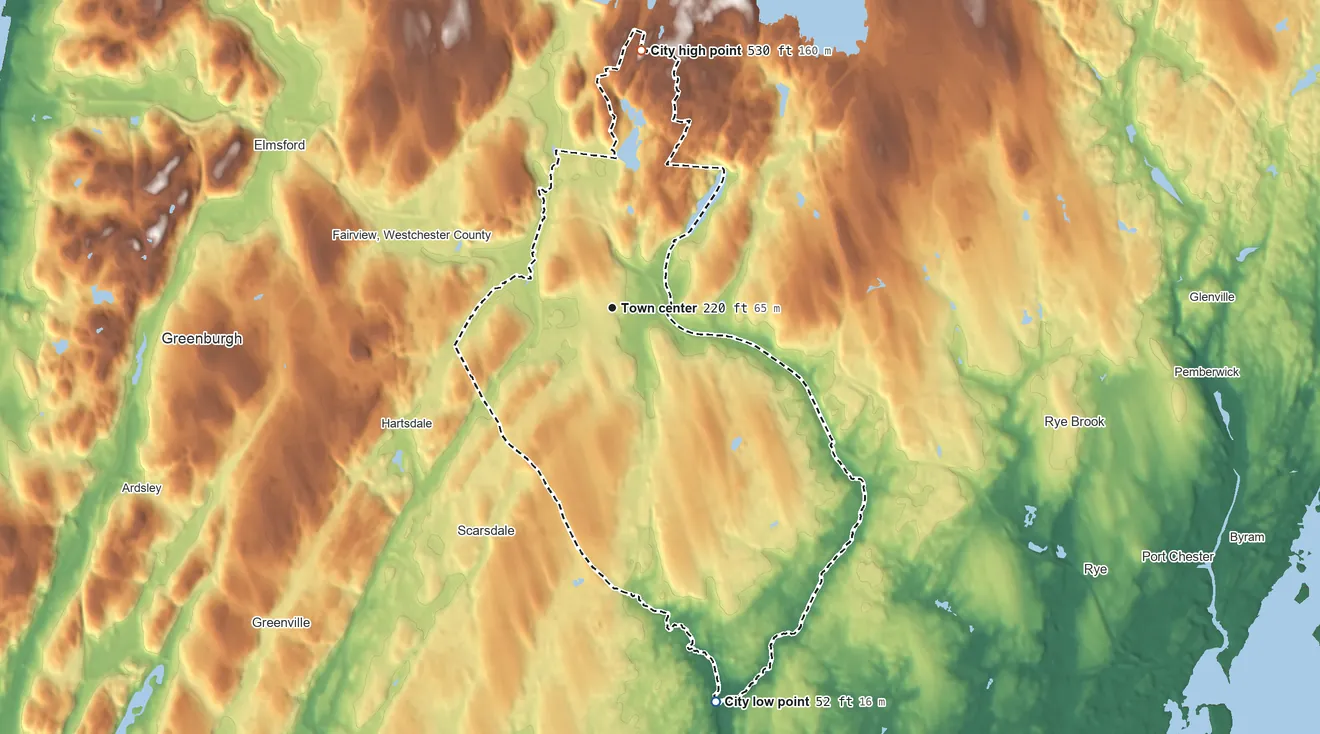 Topographic elevation map of White Plains, New York, shaded from 52 ft on the south side to 530 ft on Kennelwood Hill