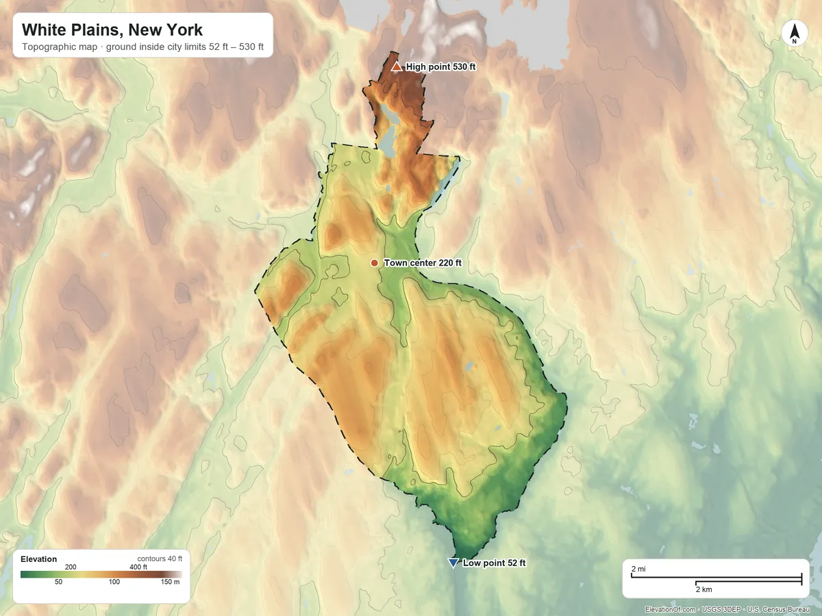 Topographic elevation map of White Plains, New York, shaded from 52 ft on the south side to 530 ft on Kennelwood Hill