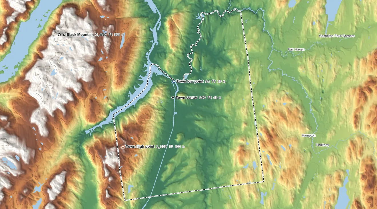 Topographic elevation map of Whitehall, New York, shaded from 94 ft near the middle to 1,550 ft on The Saddles