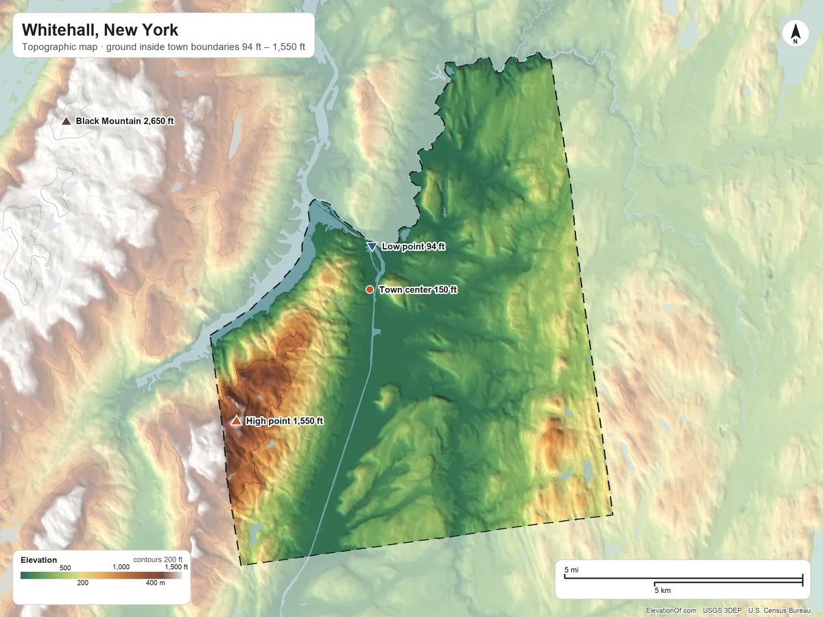 Topographic elevation map of Whitehall, New York, shaded from 94 ft near the middle to 1,550 ft on The Saddles