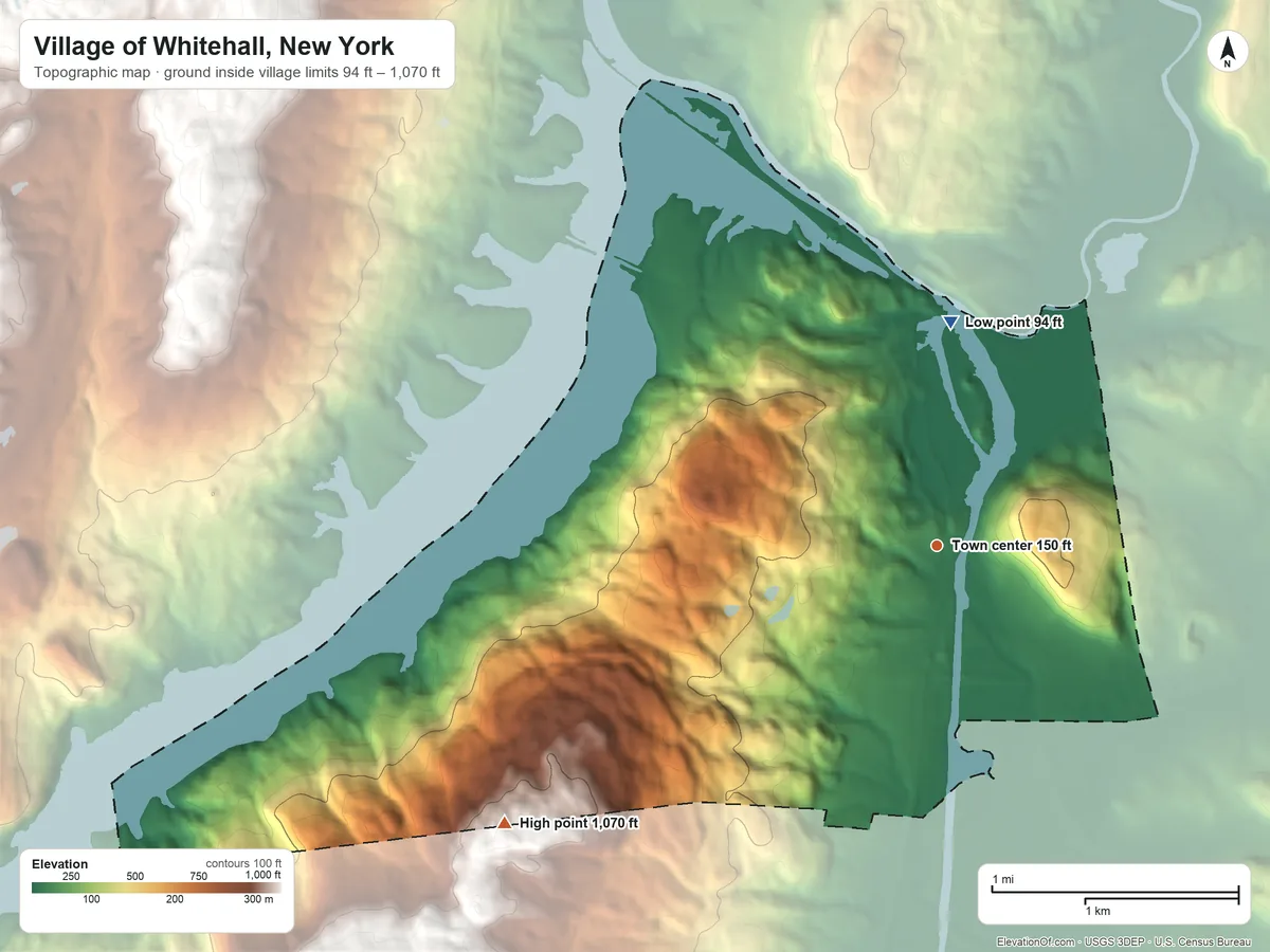 Topographic elevation map of Village of Whitehall, New York, shaded from 94 ft on the north side to 1,070 ft at the foot of the Tongue Mountain Range