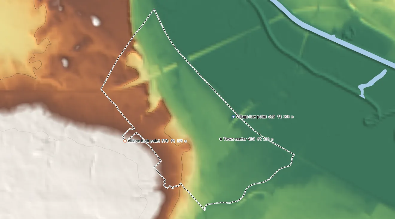 Topographic elevation map of Whitesboro, New York, shaded from 410 ft near the middle to 570 ft on the west side