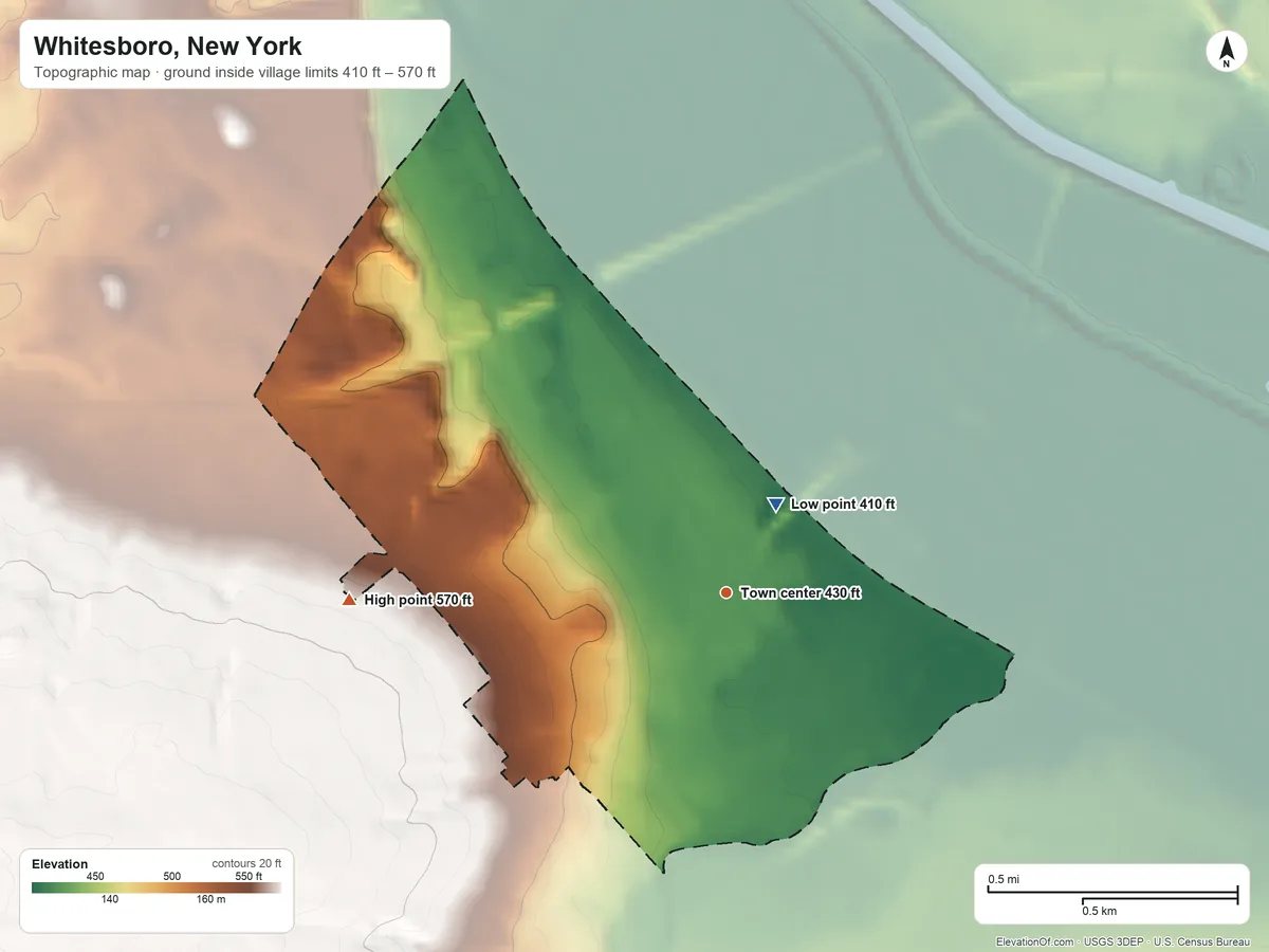 Topographic elevation map of Whitesboro, New York, shaded from 410 ft near the middle to 570 ft on the west side