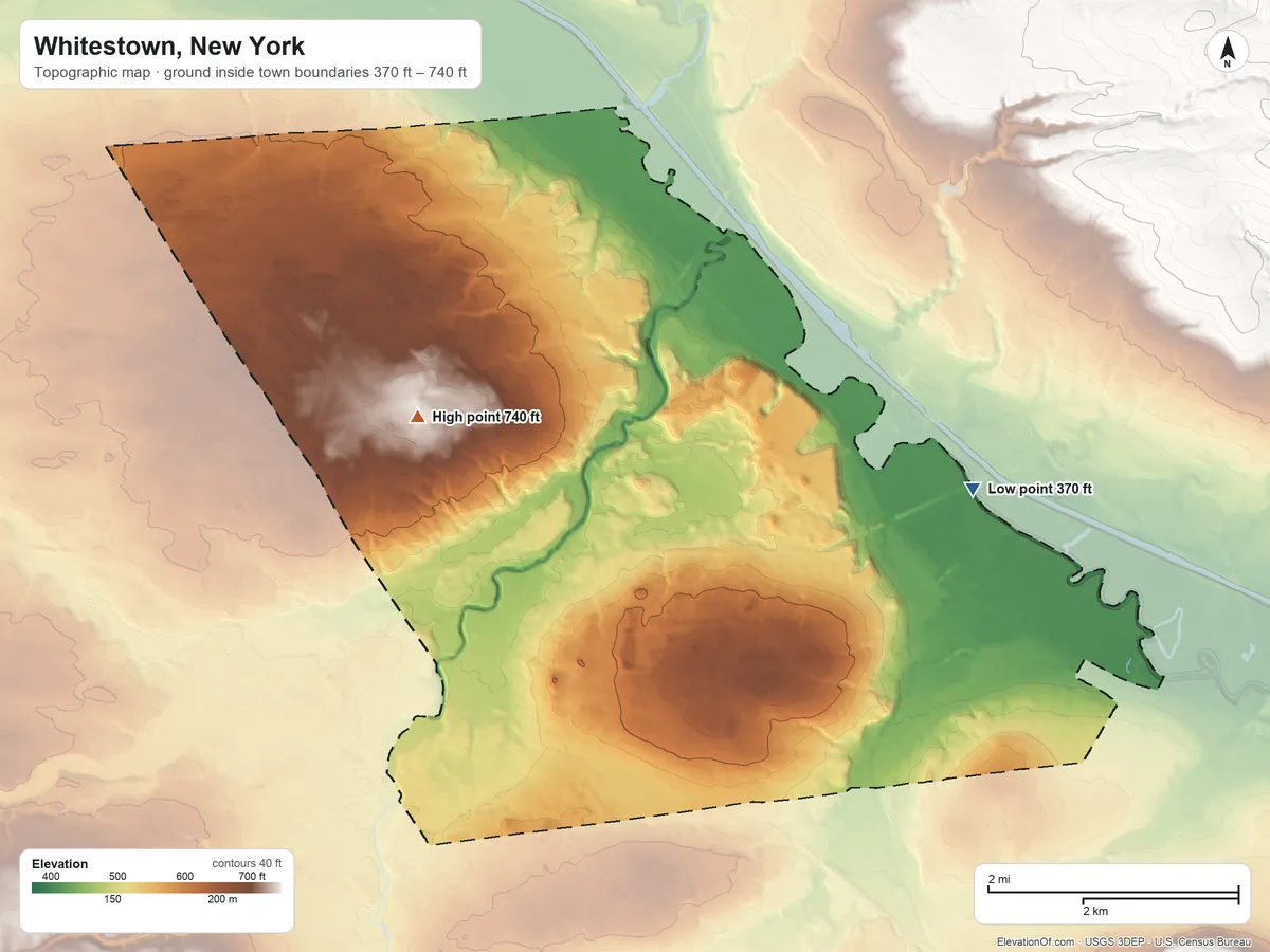 Topographic elevation map of Whitestown, New York, shaded from 370 ft on the northeast side to 740 ft on the northwest side