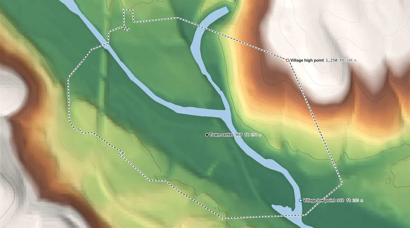 Topographic elevation map of Whitney Point, New York, shaded from 940 ft on the southeast side to 1,250 ft on the northeast side