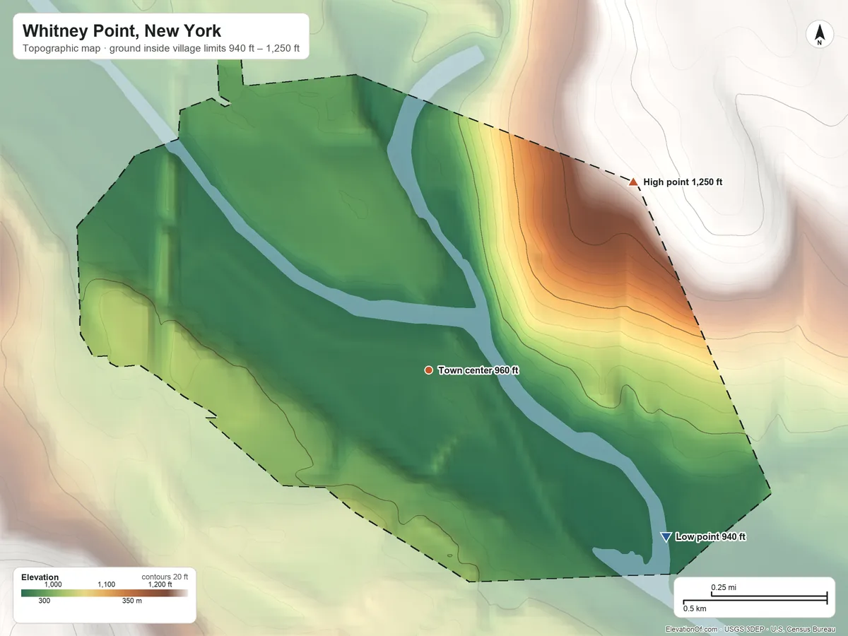 Topographic elevation map of Whitney Point, New York, shaded from 940 ft on the southeast side to 1,250 ft on the northeast side