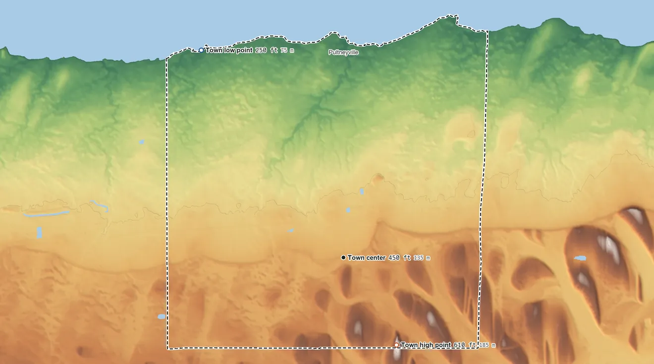 Topographic elevation map of Williamson, New York, shaded from 250 ft on the northwest side to 610 ft on the southeast side