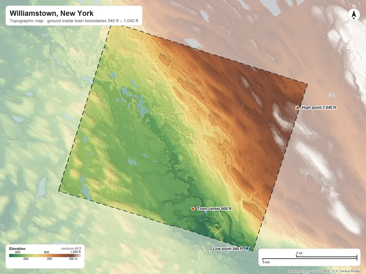 Topographic elevation map of Williamstown, New York, shaded from 540 ft on the southeast side to 1,040 ft on the northeast side