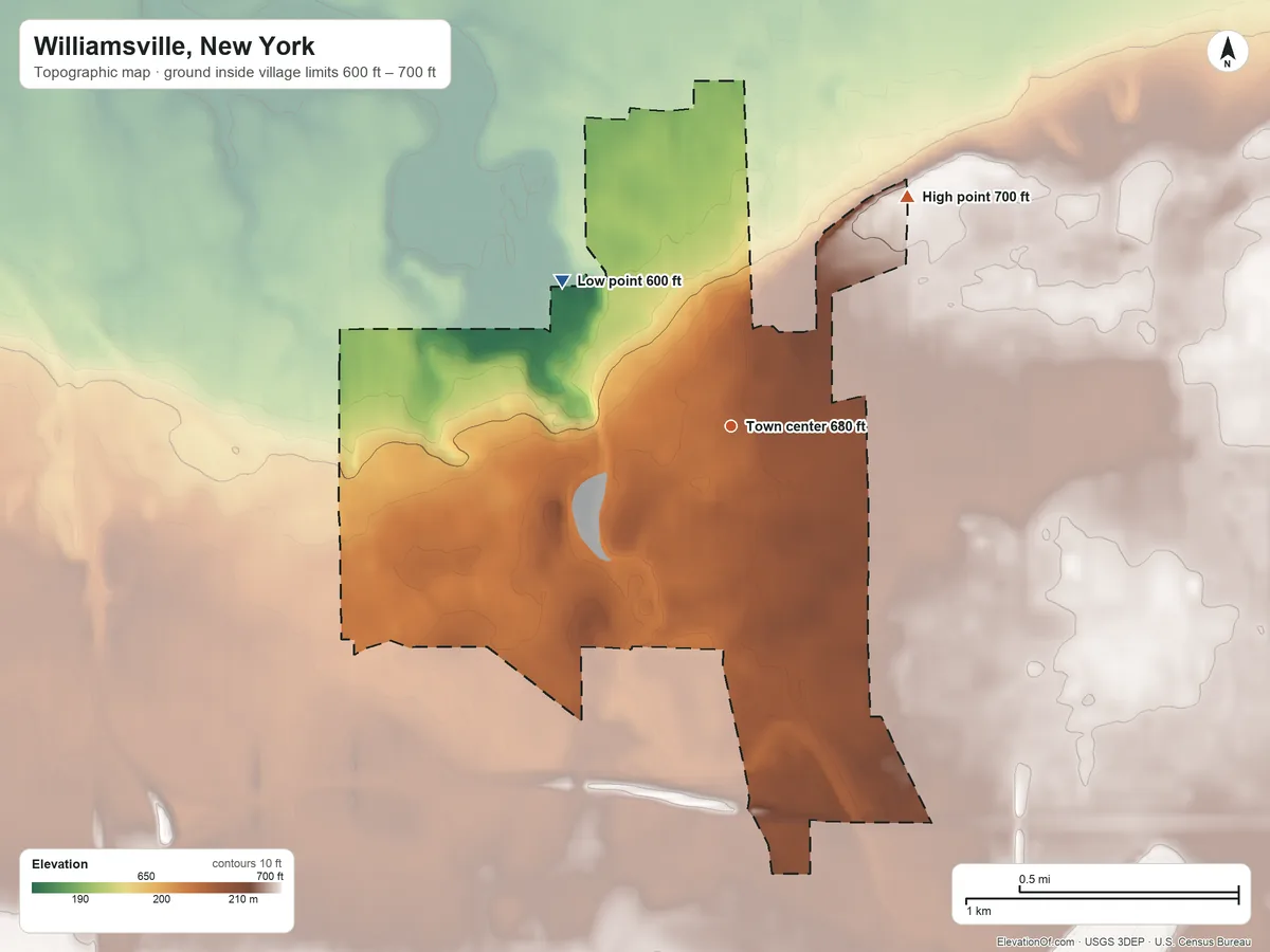 Topographic elevation map of Williamsville, New York, shaded from 600 ft on the northwest side to 700 ft on the northeast side