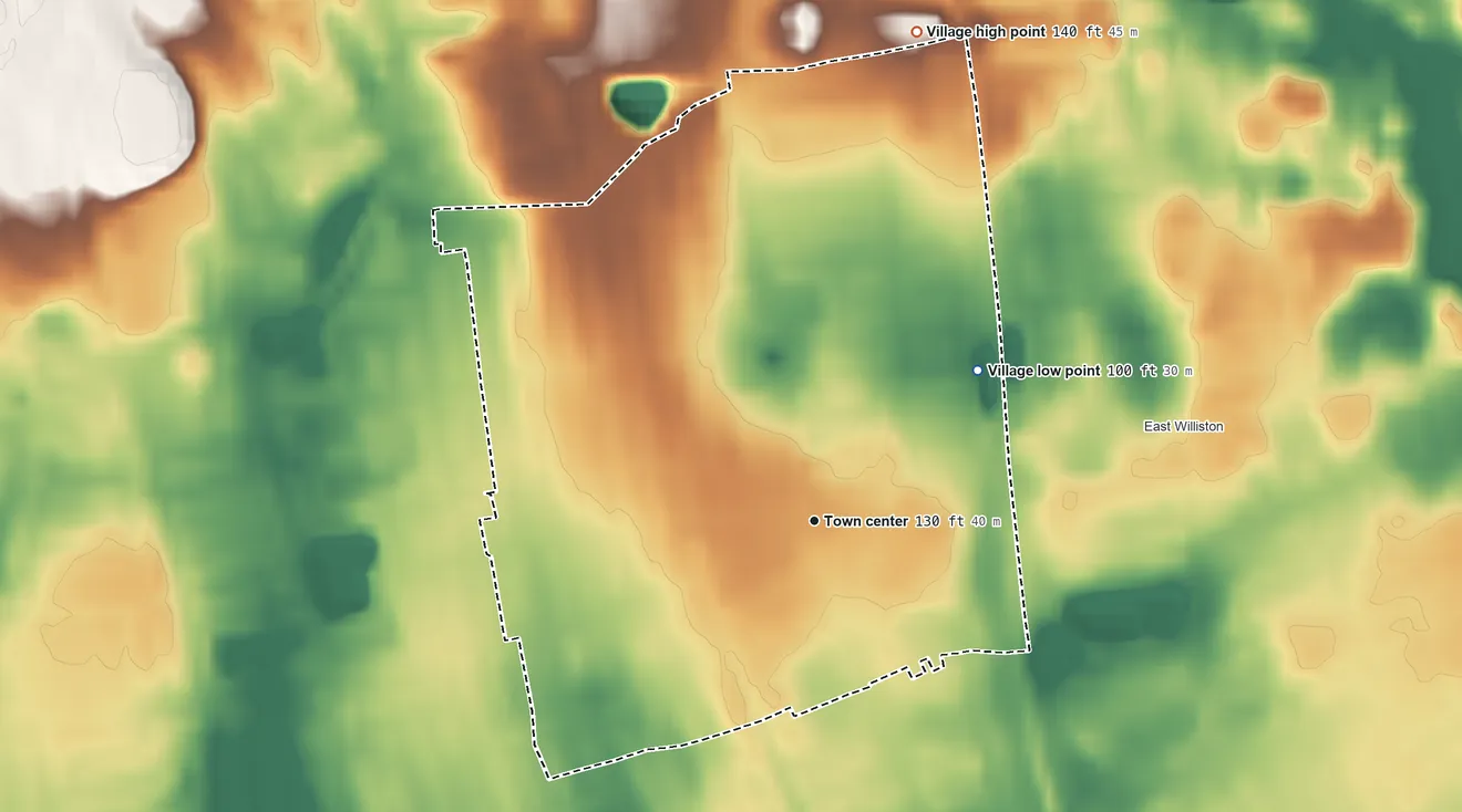 Topographic elevation map of Williston Park, New York, shaded from 100 ft on the northeast side to 140 ft on the north side