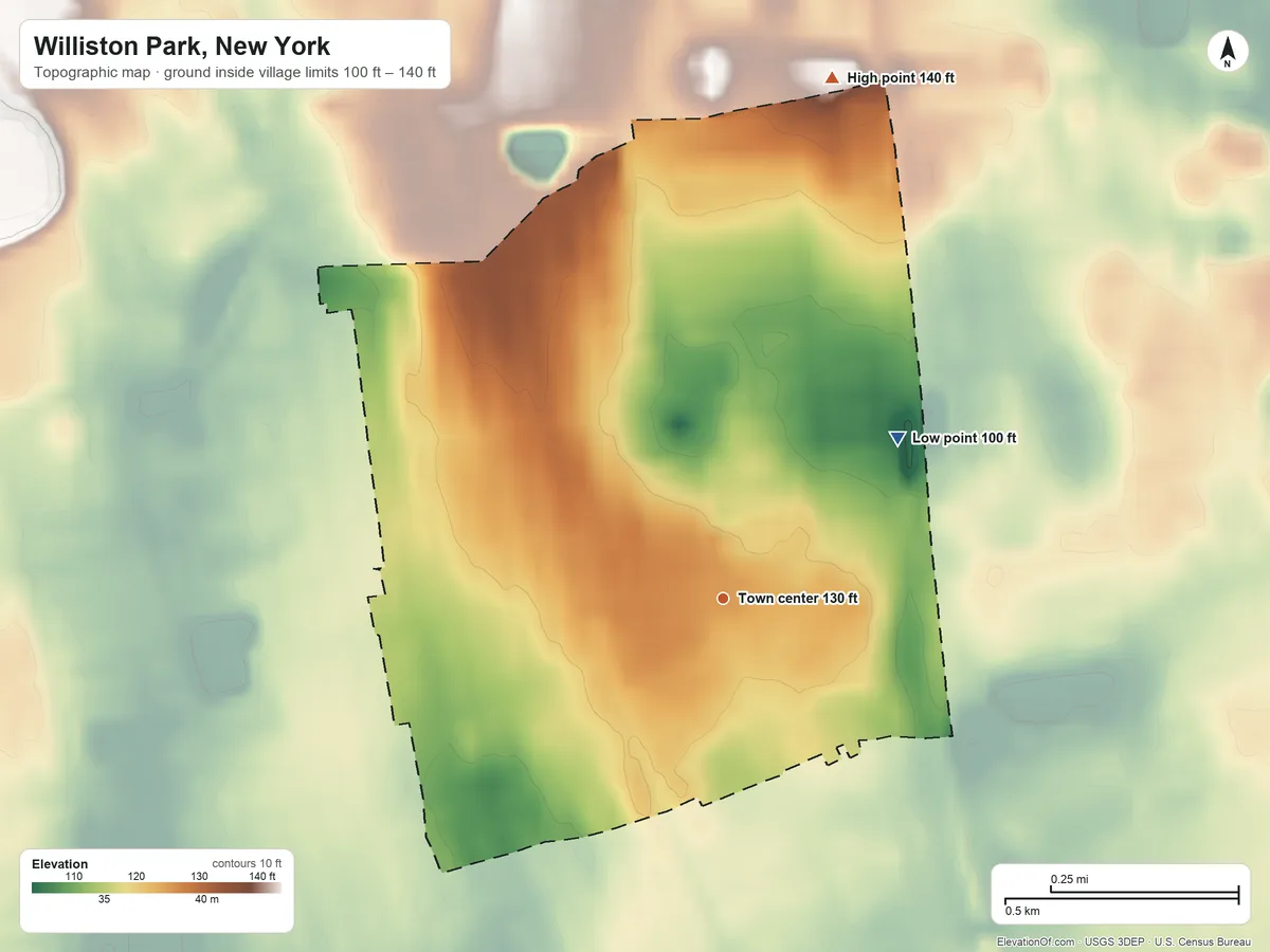 Topographic elevation map of Williston Park, New York, shaded from 100 ft on the northeast side to 140 ft on the north side