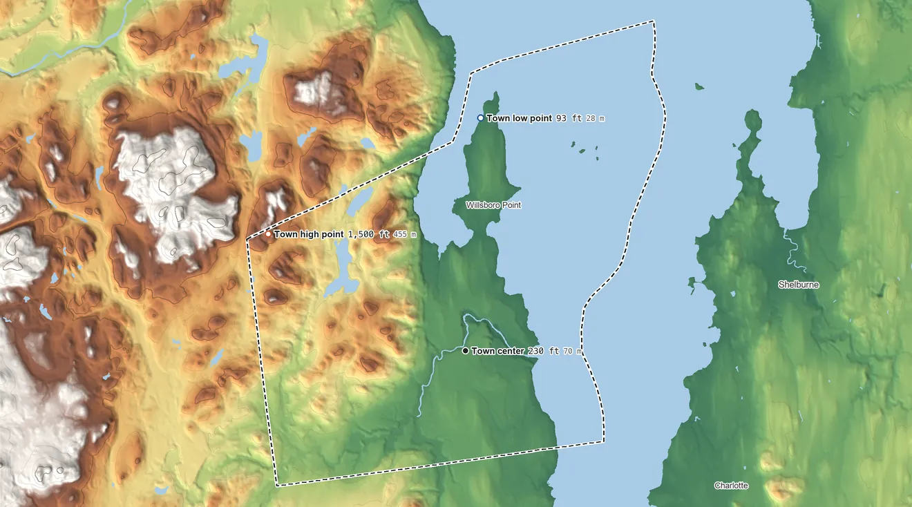 Topographic elevation map of Willsboro, New York, shaded from 93 ft on the north side to 1,500 ft at the foot of the Soda Range