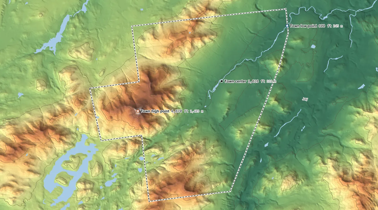 Topographic elevation map of Wilmington, New York, shaded from 800 ft on the northeast side to 4,866 ft on Whiteface Mountain