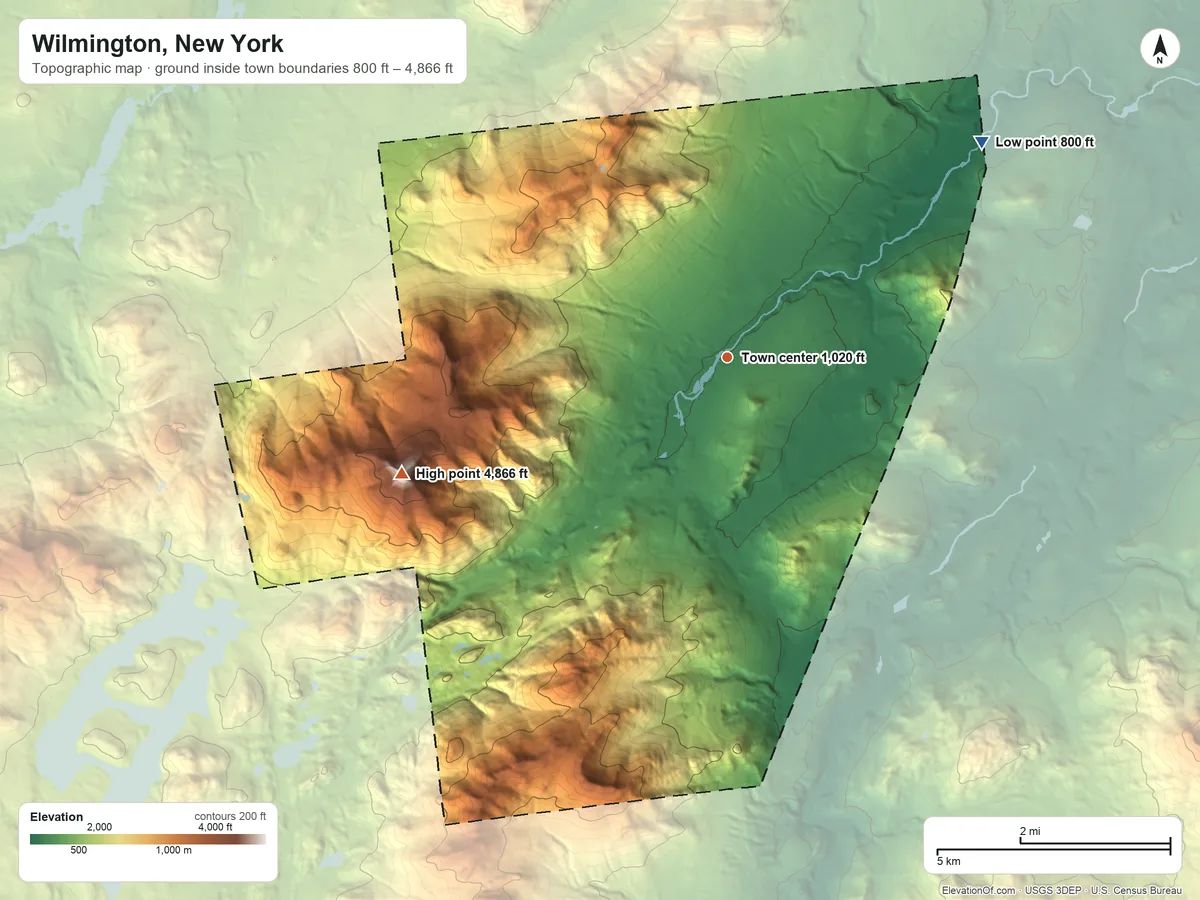 Topographic elevation map of Wilmington, New York, shaded from 800 ft on the northeast side to 4,866 ft on Whiteface Mountain
