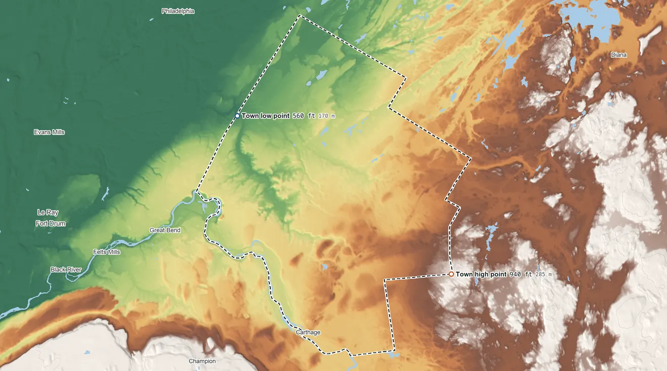 Topographic elevation map of Wilna, New York, shaded from 560 ft on the northwest side to 940 ft on the east side