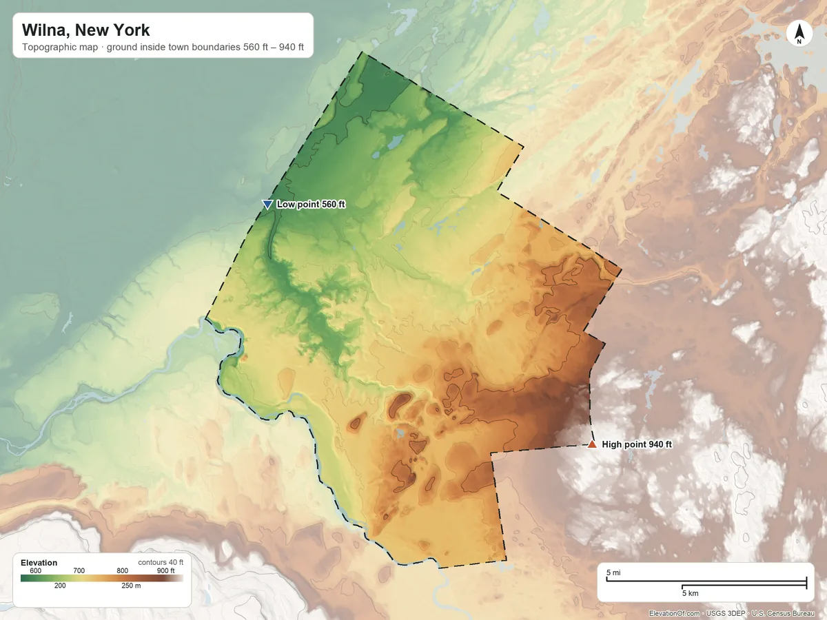 Topographic elevation map of Wilna, New York, shaded from 560 ft on the northwest side to 940 ft on the east side