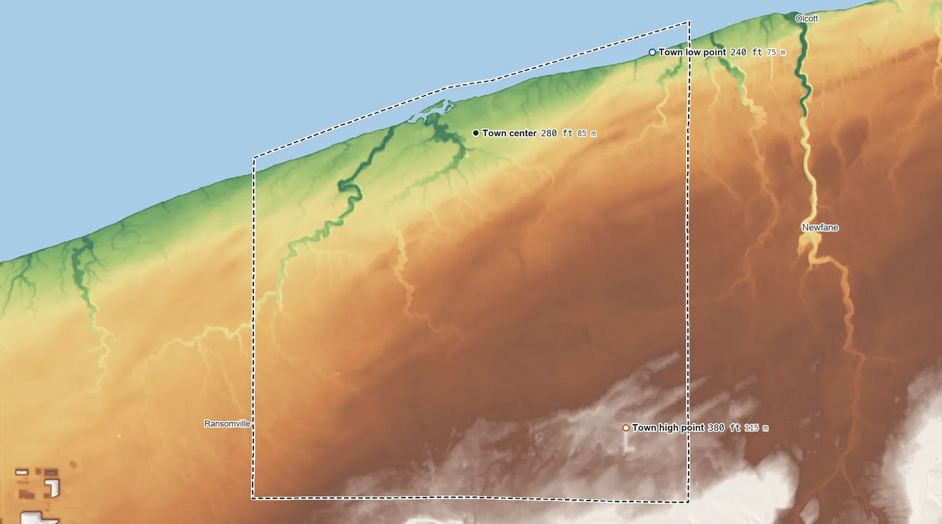 Topographic elevation map of Wilson, New York, shaded from 240 ft on the northeast side to 380 ft on the southeast side