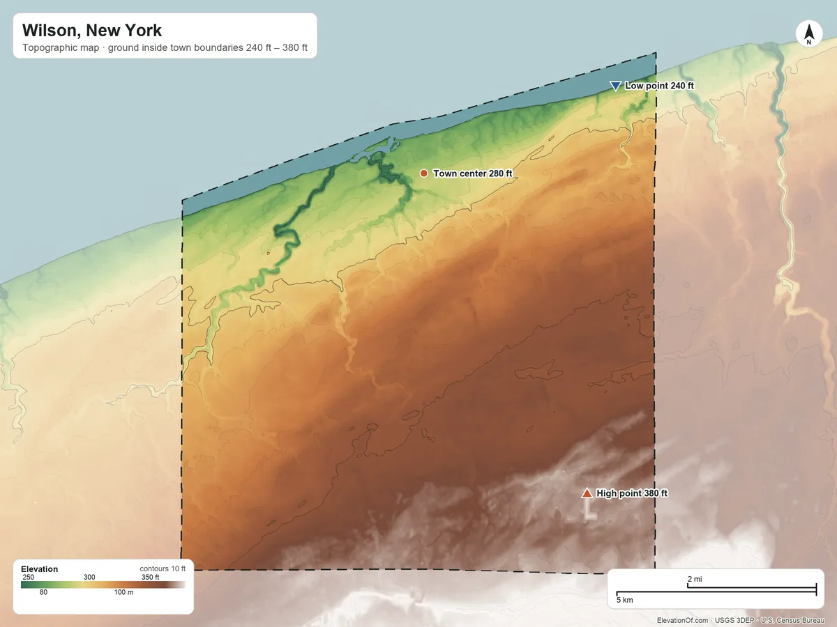 Topographic elevation map of Wilson, New York, shaded from 240 ft on the northeast side to 380 ft on the southeast side