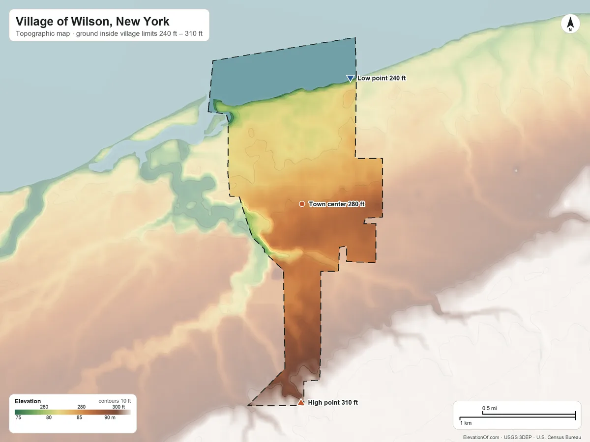 Topographic elevation map of Village of Wilson, New York, shaded from 240 ft on the north side to 310 ft on the south side