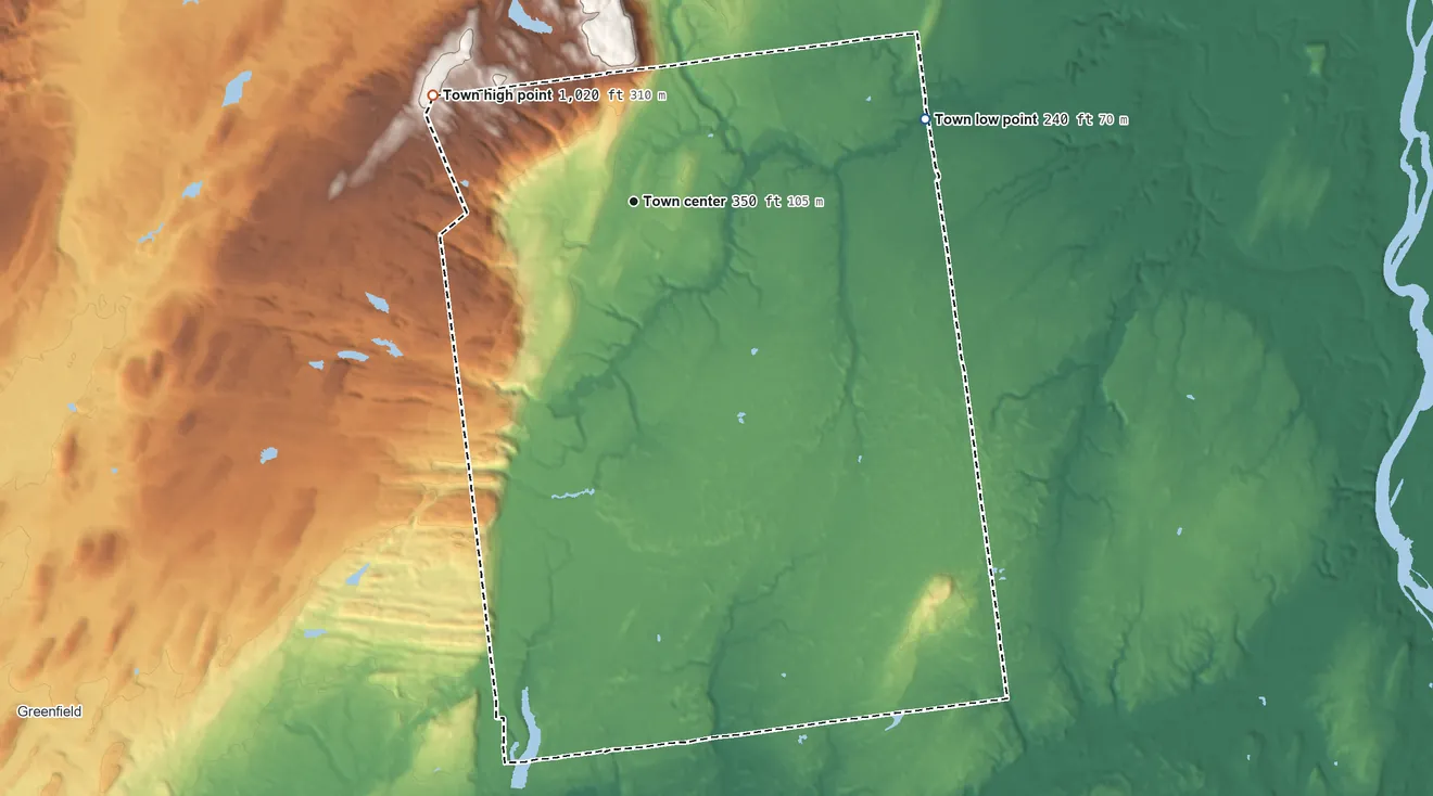 Topographic elevation map of Wilton, New York, shaded from 240 ft on the east side to 1,020 ft on the northwest side