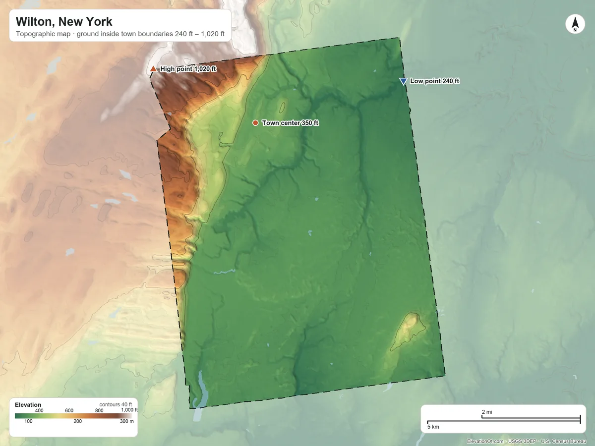 Topographic elevation map of Wilton, New York, shaded from 240 ft on the east side to 1,020 ft on the northwest side