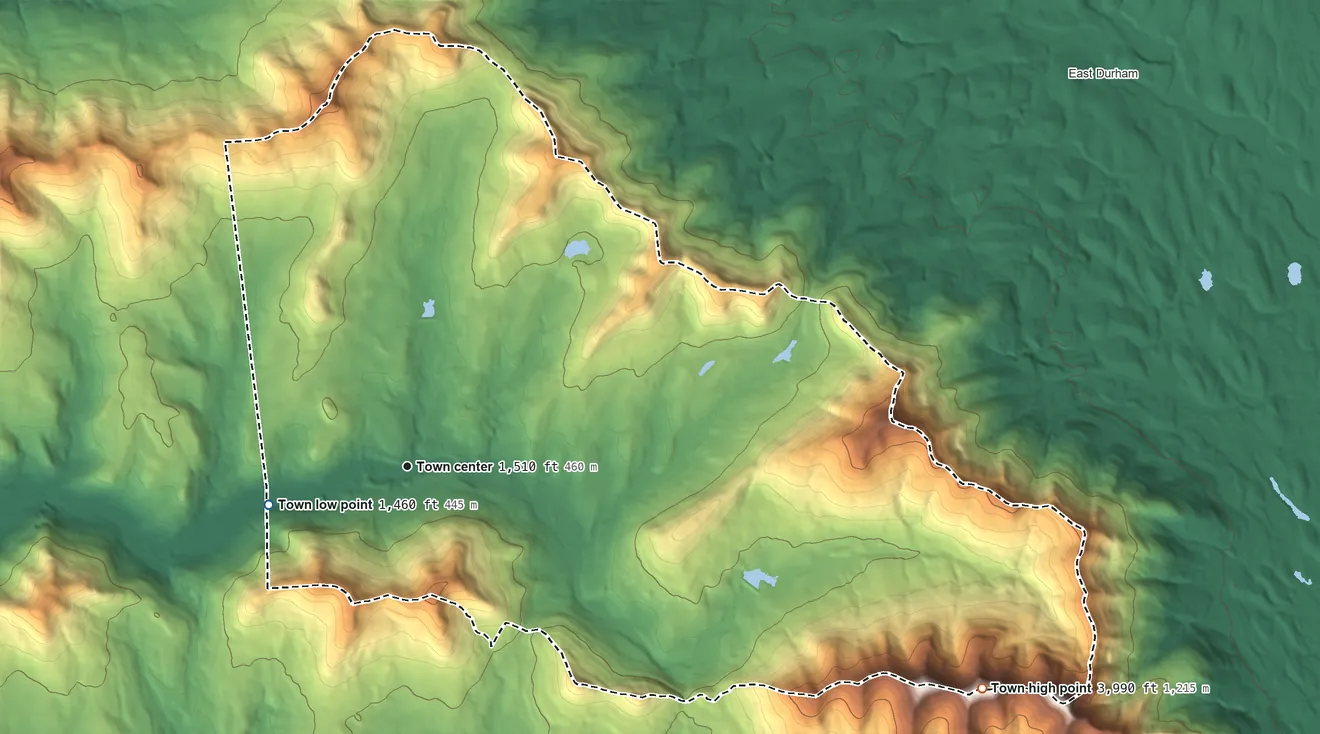 Topographic elevation map of Windham, New York, shaded from 1,460 ft on the west side to 3,990 ft on Black Dome