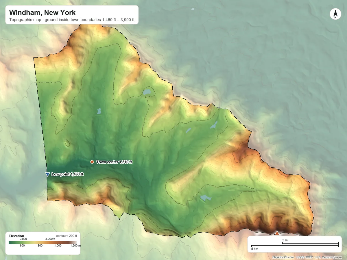 Topographic elevation map of Windham, New York, shaded from 1,460 ft on the west side to 3,990 ft on Black Dome