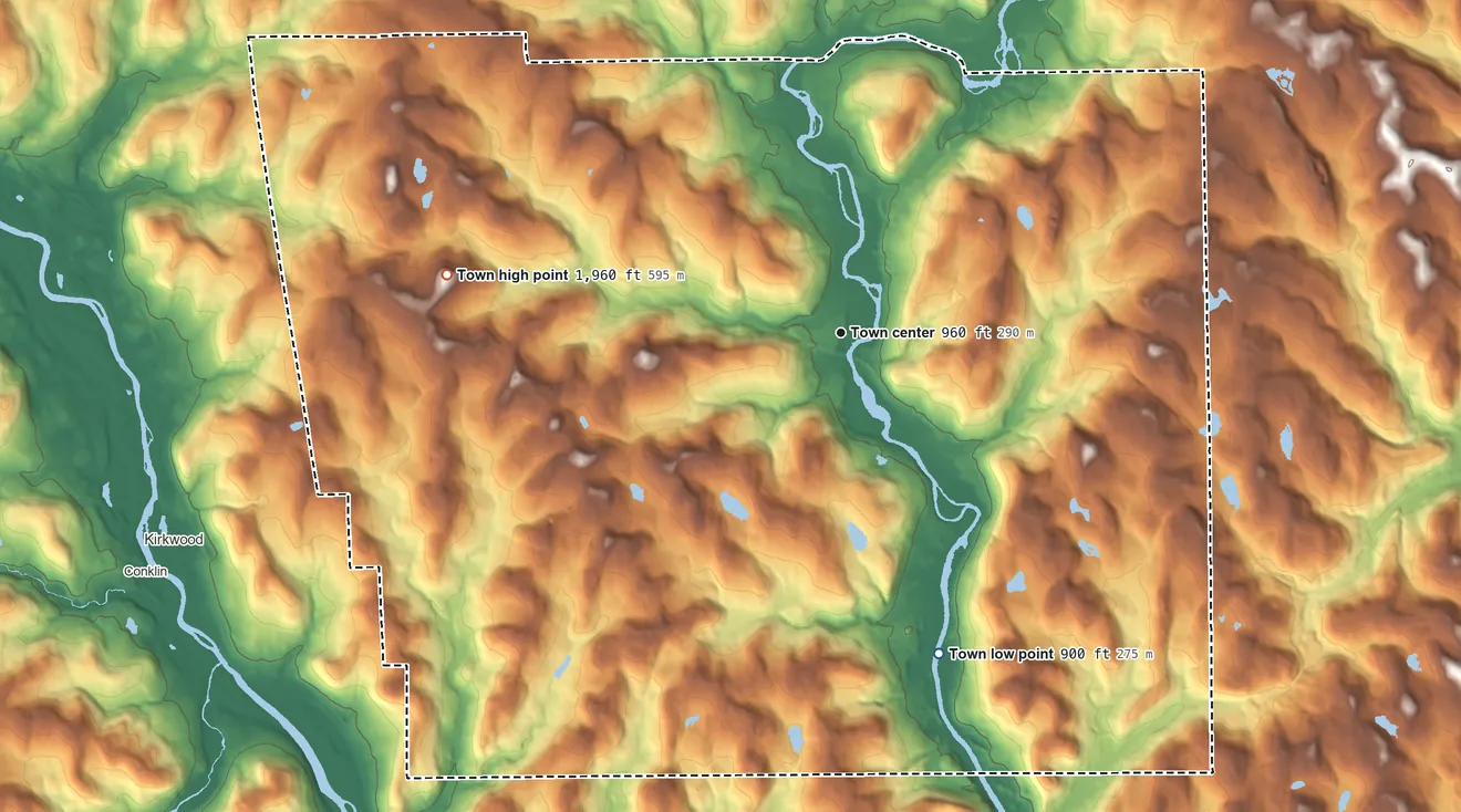 Topographic elevation map of Windsor, New York, shaded from 900 ft on the south side to 1,960 ft on the west side