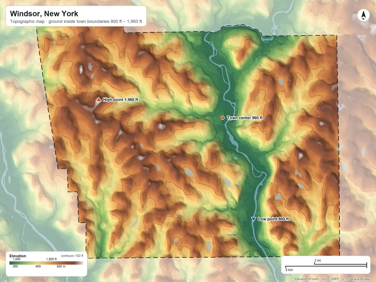 Topographic elevation map of Windsor, New York, shaded from 900 ft on the south side to 1,960 ft on the west side