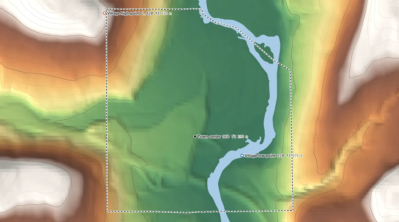Topographic elevation map of Village of Windsor, New York, shaded from 910 ft on the east side to 1,420 ft on the northwest edge, below higher ground just outside